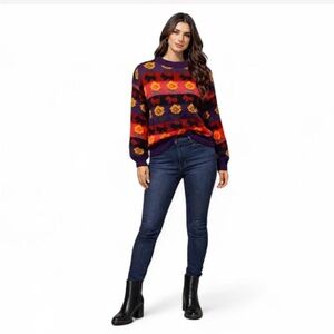 Retro 90s multi-coloured wool sweater w/dogs & flowers